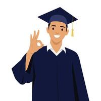 Smiling graduate in a cap and gown makes an OK hand gesture, expressing satisfaction and pride. vector