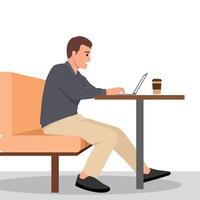 Man sits on a cushioned bench in a cafe, typing on his laptop with a coffee cup nearby on the table. vector