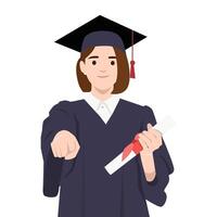 Young graduate in cap and gown holds her diploma while making a fist gesture. vector
