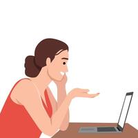 Woman in a red top engages in a conversation, smiling and gesturing at her laptop screen. vector