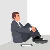 Stressed Businessman in Isolation. Worried businessman in a suit sits alone in a corner. vector