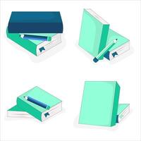 A set of four minimalist flat style illustrations featuring various arrangements of turquoise and navy books paired with pencils. vector