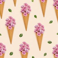 Pattern with waffle ice cream cone filling small pink flowers and green leaves around. Minimal summer concept photo
