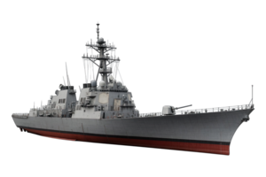 Modern navy warship with radar and weapon system, isolated on transparent background, png