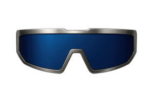 Futuristic blue visor sunglasses with metallic frame front view, isolated on transparent background, png