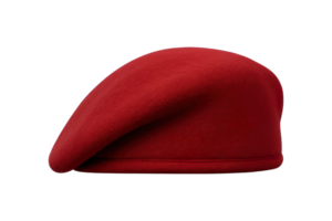 Side view of red beret hat with smooth texture, isolated on transparent background, png