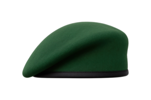 Side view of green military beret hat with leather trim, isolated on transparent background, png