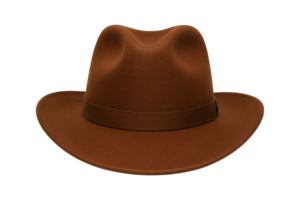 Brown fedora hat front view with soft felt texture, isolated on transparent background, png