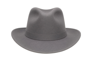 Gray fedora hat front view with soft felt texture, isolated on transparent background, png