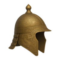 Ancient golden dragon helmet with engraved patterns isolated on transparent background, png