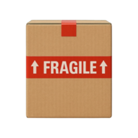 Cardboard box with fragile label front view isolated on transparent background, png