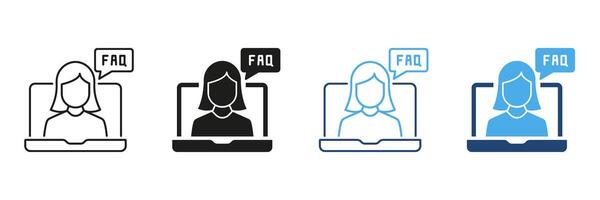 Female Customer Support Faq Icon Set. Online Help, Virtual Assistance, And Information Guidance Outline And Silhouette Symbol Collection. Digital Communication. Isolated Illustration vector