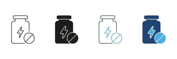 Bottle with Lightning Bolt and Pill Line and Silhouette Icon Set. Energy Supplements to Boost Energy Levels. Vitality and Stamina. Editable Stroke. Isolated Illustration vector