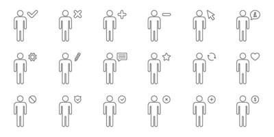 Human Interaction And Status Icons Set. User Engagement, Profile Management, And Social Interaction Outline Symbol Collection. Editable Stroke. Isolated Illustration vector