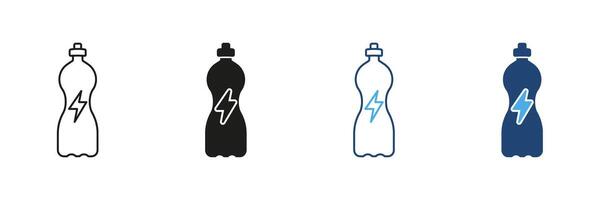 Sports Drink Bottle With Lightning Bolt Line and Silhouette Icon Set. Vitality And Stimulation Outline and Solid Symbol. Refreshment And Power. Editable Stroke. Isolated Illustration vector