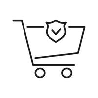 Shopping Cart With Shield And Checkmark Line Icon. Secure Online Shopping And E-Commerce Protection Outline Symbol. Safe Transaction Assurance. Editable Stroke. Isolated Illustration vector