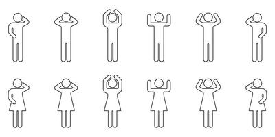 Human Figure Gesture Line Icon Set. Expressive Body Language And Communication Outline Symbol Collection. Various Poses And Emotions. Editable Stroke. Isolated Illustration vector