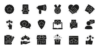 Customer Feedback And Rating Solid Icon Set. Quality Assurance, User Experience, And Satisfaction Silhouette Symbol Collection. Review And Evaluation Tools. Isolated Illustration vector