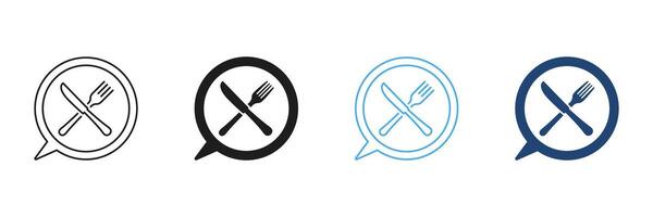 Fork And Knife Line and Silhouette Icon Set Inside Speech Bubble, Dining And Meal Discussions Concept. Conversations About Culinary And Nutrition Design. Isolated Illustration vector
