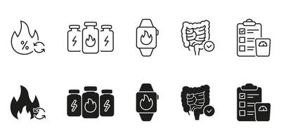 Health and Nutrition Line and Solid Icon Set. Supplement, Exercise, Health Check, Flames, Intestines, and Energy Bottles Symbol Collection. Isolated Illustration vector