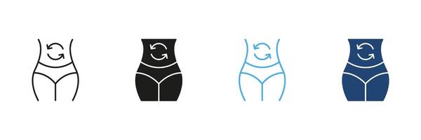 Body Shape Transformation and Fitness Line and Solid Icon Set. Exercise, Waist, Slimming Graphic Symbol Collection. Isolated Illustration vector