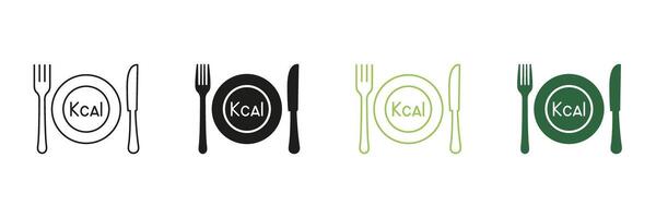 Calorie Count Line and Silhouette Icon Set With Plate, Fork, Knife. Healthy Dining And Nutrition Icon. Healthy Eating And Diet. Editable Stroke. Isolated Illustration vector