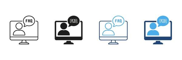 Computer Faq Support Icon Set. Online Help, Customer Service, Information Assistance Outline And Silhouette Symbol Collection. Digital Communication And User Guidance. Isolated Illustration vector
