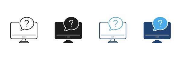 Computer With Question Mark Icon Set. Technical Support, It Help, And Online Assistance Outline And Silhouette Symbol Collection. Customer Service And Troubleshooting. Isolated Illustration vector