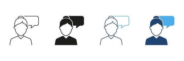 Woman Line and Silhouette Icon Set with Speech Bubble, Communication or Consultation Concept. Customer Support and Discussion. Editable Stroke. Isolated Illustration vector