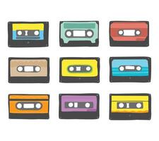 A charming set of hand drawn retro cassette tape illustrations, for nostalgic themes, music artwork, retro posters, and creative journaling designs. vector