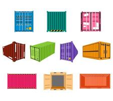 A set of truck container box illustrations, featuring various angles and designs, for logistics visuals, transportation infographics, shipping company branding, and industrial themed projects. vector