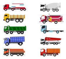 A diverse set of truck transportation illustrations showcasing various models such as cargo trucks, delivery vans, and container trucks, for logistics visuals and transport infographics vector