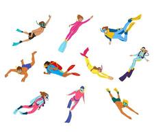 A dynamic illustration set of diving characters in various poses, equipped with snorkels, wetsuits, fins, and oxygen tanks for underwater activity themes, marine sports designs, and adventure visuals. vector