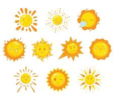 A cheerful collection of cute sun illustrations in various expressions and styles. Perfect for children books, weather graphics, and playful summer themed projects. vector