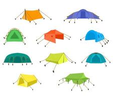 A versatile illustration set showcasing different camping tent models, perfect for outdoor adventure themes, travel guides, and nature related designs. vector