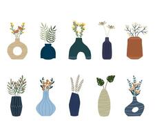 A stylish collection of potted plants in boho style pots with earthy tones for home decor themes, botanical prints, lifestyle branding, and minimalist design projects vector