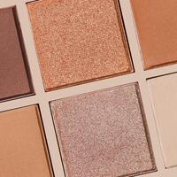 Eyeshadow palette, mix of matte shimmer shades in brown, nude, orange hues. Aesthetic top view pattern for beauty, makeup, cosmetics themes, Neutral color swatches eyeshade refills square shape photo