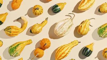 Top view creative pattern with Pumpkins, gourds, squashes of various shapes, sunlight shadow. Autumn flat lay composition with yellow green ornamental pumpkins, minimal photo, autumnal holidays photo