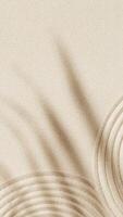 Zen garden meditation sandy background for relaxation. Lines drawing in sand and shadows of palm leaves photo