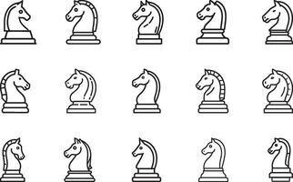 A set of various black and white minimalist chess knight icons with unique styles and designs, suitable for strategic, educational, or creative purposes. An editable stroke vector
