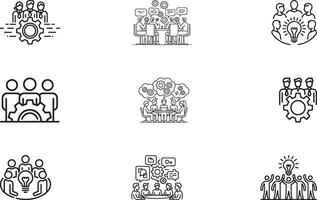 A collection of outline icons illustrating teamwork and collaboration. Each icon features groups of people cooperating in meetings, brainstorming, and discussion scenarios, symbolizing innovation vector
