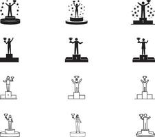 Collection of various icons of trophies and individuals standing on podiums representing success, awards, and accomplishments, in both solid and outline styles for diverse illustrative vector