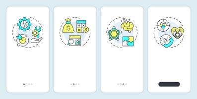 Value engineering principles onboarding mobile app screen. Walkthrough 4 steps editable graphic instructions with linear concepts. UI, UX, GUI vector