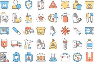 Biomedical waste management line color icons set. Infectious, disease. Disinfection methods. Laboratory equipment. illustrations. Simple flat colorful symbols collection. Editable stroke vector