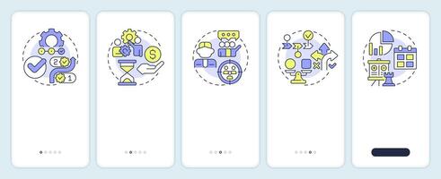 Workflow key elements onboarding mobile app screen. Decision making. Walkthrough 5 steps editable graphic instructions with linear concepts. UI, UX, GUI vector