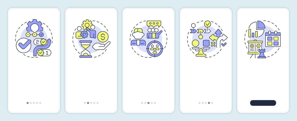 Workflow key elements onboarding mobile app screen. Decision making. Walkthrough 5 steps editable graphic instructions with linear concepts. UI, UX, GUI