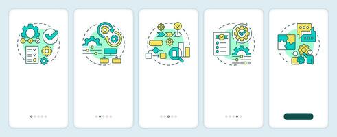 Workflow archetypes onboarding mobile app screen. Task management. Walkthrough 5 steps editable graphic instructions with linear concepts. UI, UX, GUI vector