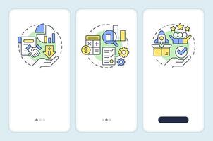 Workflow components onboarding mobile app screen. Customer experience. Walkthrough 3 steps editable graphic instructions with linear concepts. UI, UX, GUI vector