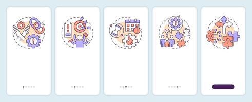 Workflow obstacles onboarding mobile app screen. Teamwork organization. Walkthrough 5 steps editable graphic instructions with linear concepts. UI, UX, GUI vector