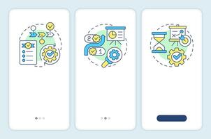 Workflow types onboarding mobile app screen. Process management. Walkthrough 3 steps editable graphic instructions with linear concepts. UI, UX, GUI vector